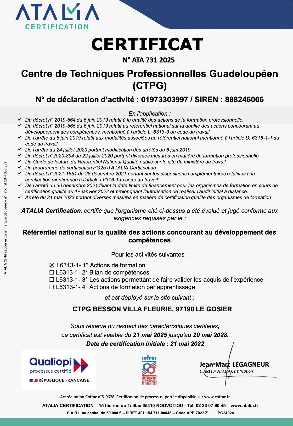 Certificat Qualiopi CTPG